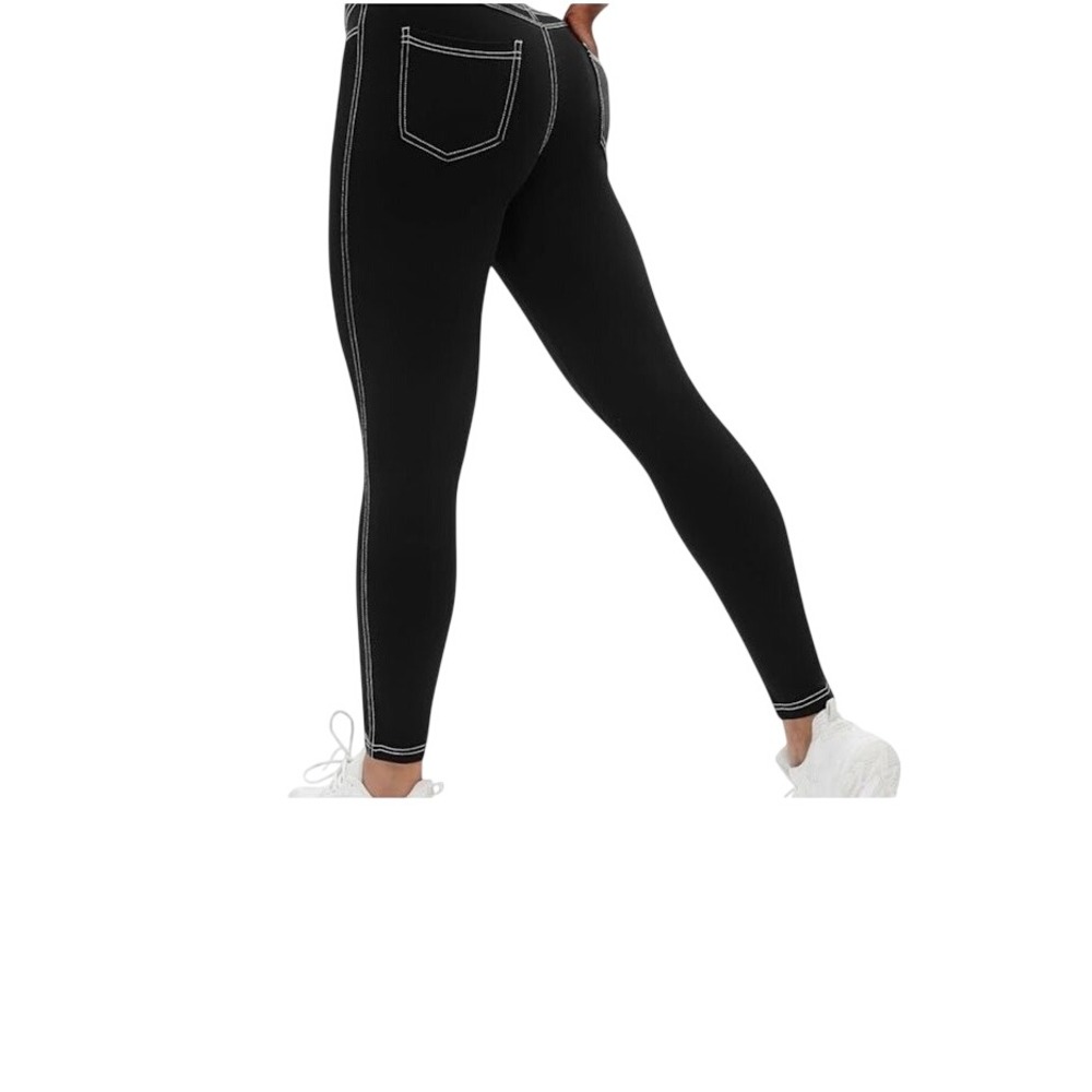 VOOVEEYA Womens XL Black Contrast Stitch High Waisted Yoga Pants Pockets Legging